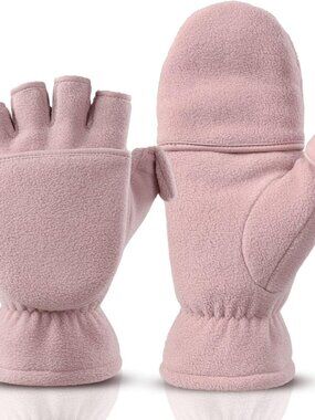 ⚡Women Pink Winter Fingerless Convertible Thermal Polar Fleece Mittens Gloves
